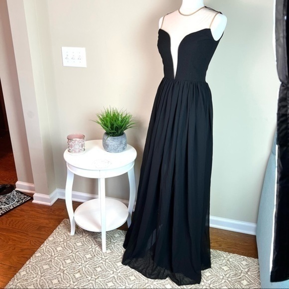 DRESS THE POPULATION 'PATRICIA' ILLUSIONS CHIFFON ROMANTIC BLACK MAXI DRESS sz S - Picture 3 of 16
